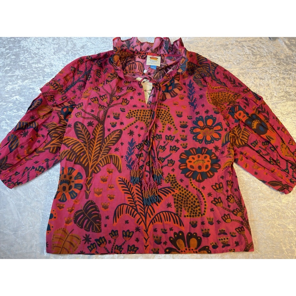 FARM Rio Anthropologie Blouse Womens L Pink Leopard Puff Sleeve Tassel NWT